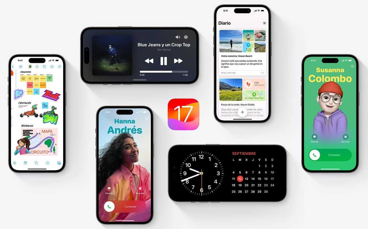 Imagen promocional de iOS 17 donde se ven las nuevas funcionalidades que describo más adelante en el texto
