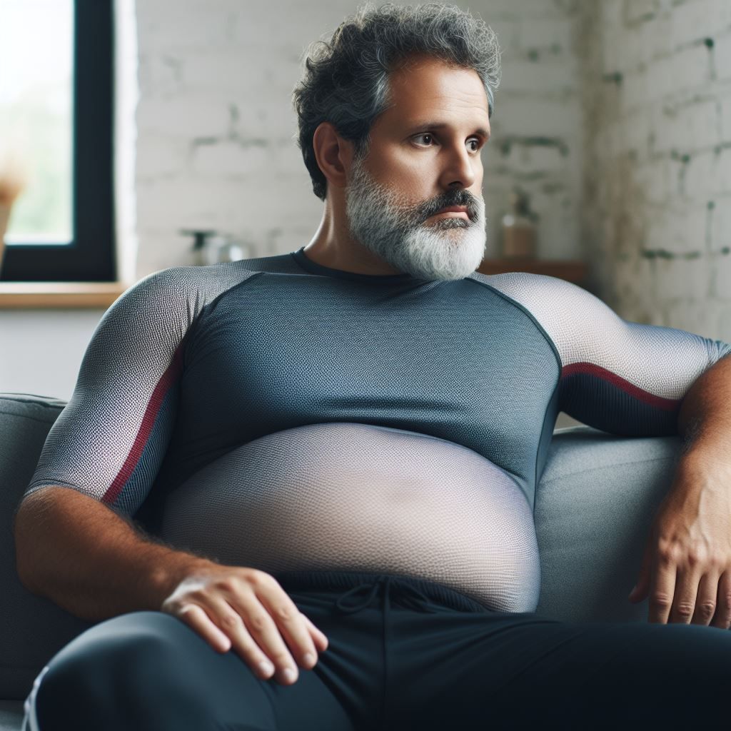 Un hombre de 50 años con barba y pelo rizado y con canas, sentado en un sofá, mirando perdido en el horizonte, vistiendo ropa deportiva y con una barriga más prominente, con la piel muy blanca y sin músculos visibles